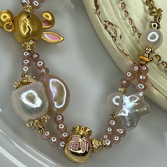 Handcrafted High Quality Freshwater Double Braided Pink White Pearls Bracelet 🐇 - Picture 5 of 5